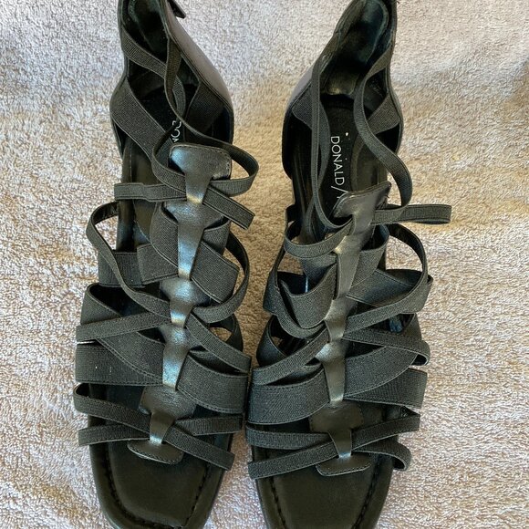 Donald J Pliner Lia Black Leather Elastic Strappy Wedge Sandals Size 7.5M - Picture 1 of 6